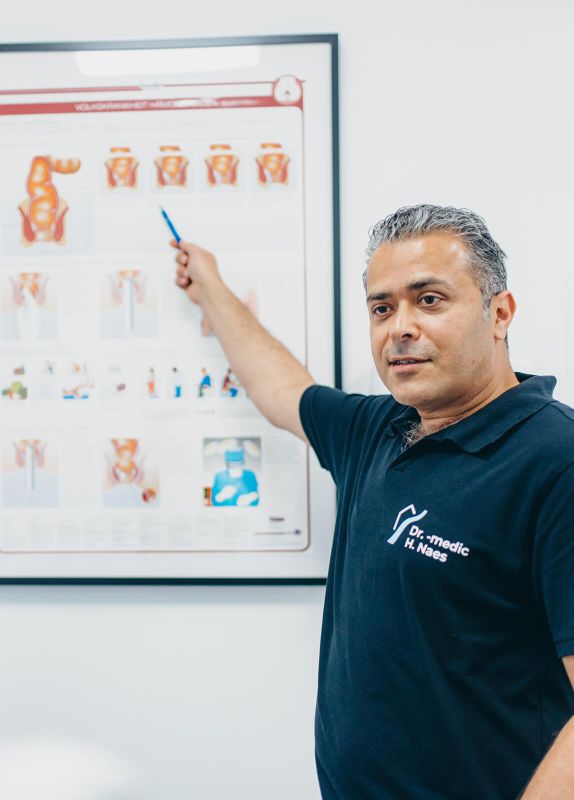 Herr Doctor-medic Naes steht vor einem Schaubild mit schematischen Darstellungen der Enddarmregion und zeigt erklärend auf die Bilder. Er trägt das dunkelblaue Praxis-Shirt der Praxisklinik.