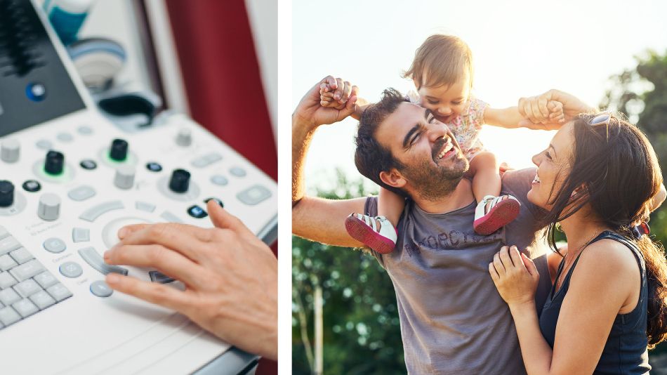 Das BIld ist zweigeteilt. Links sieht man eine Hand, die ein komplexes Behandlungsgerät bedient. Rechts ist eine glückliche Familie zu sehen. Der Vater trägt die kleine Tochter auf den Schultern. Die Frau lächelt beide an.