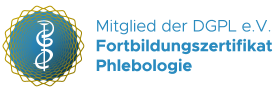 Logo zum Fortbildungszertifikat Phlebologie. Die Praxisklinik ist Mitglied der DGPL e.V.